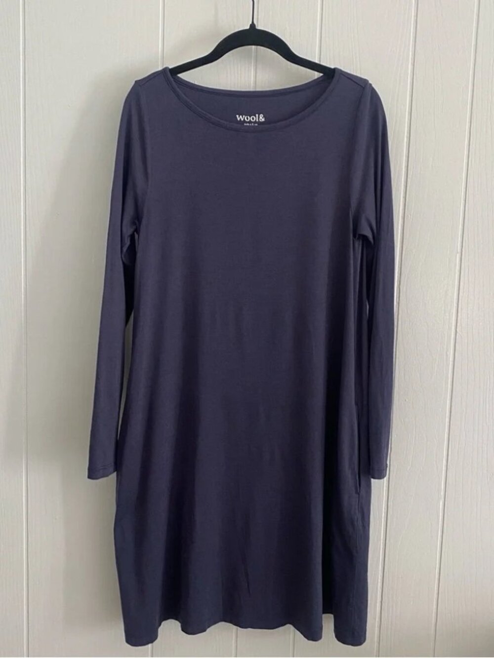 Wool& Long Sleeve Swing Dress in Dark Royal Blue Merino Wool Pockets XS